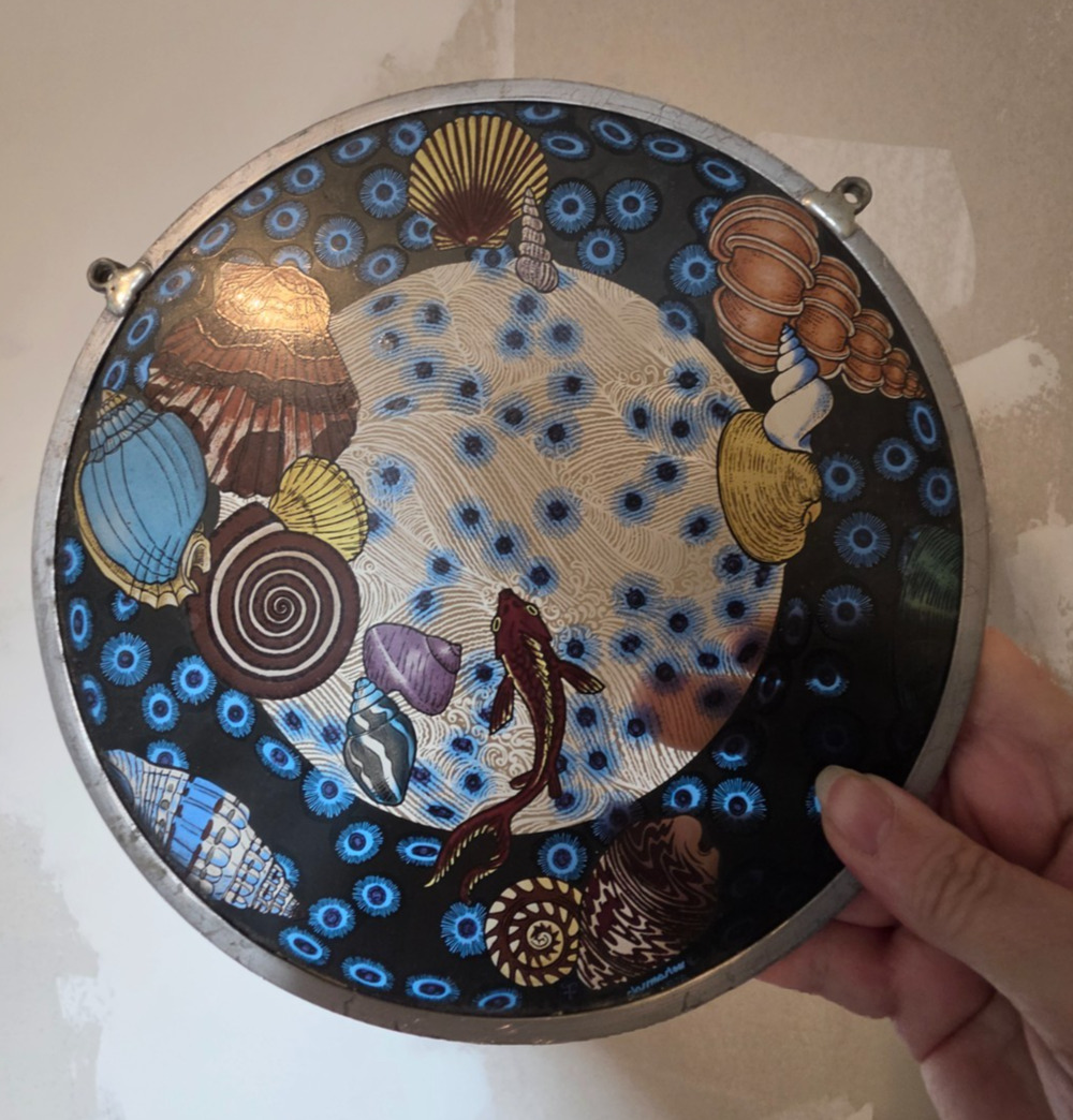 Vintage 1978 Stained Glass Sun Catcher Signed Glassmasters Seashells and Fish